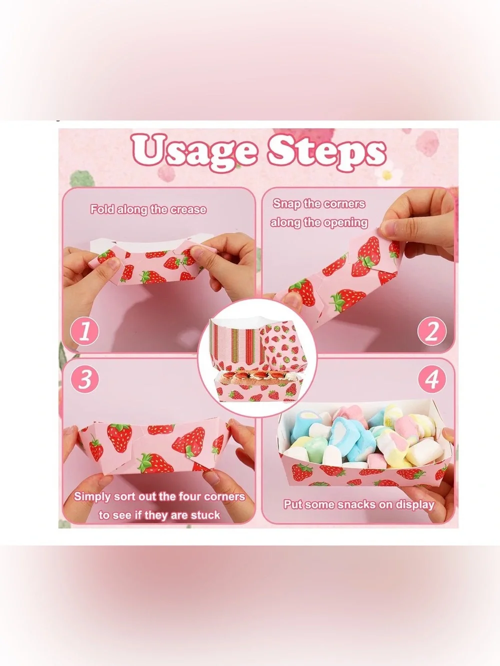 50Pcs Strawberry Paper Food Trays Pink Red Berry Fruit Food Boats
